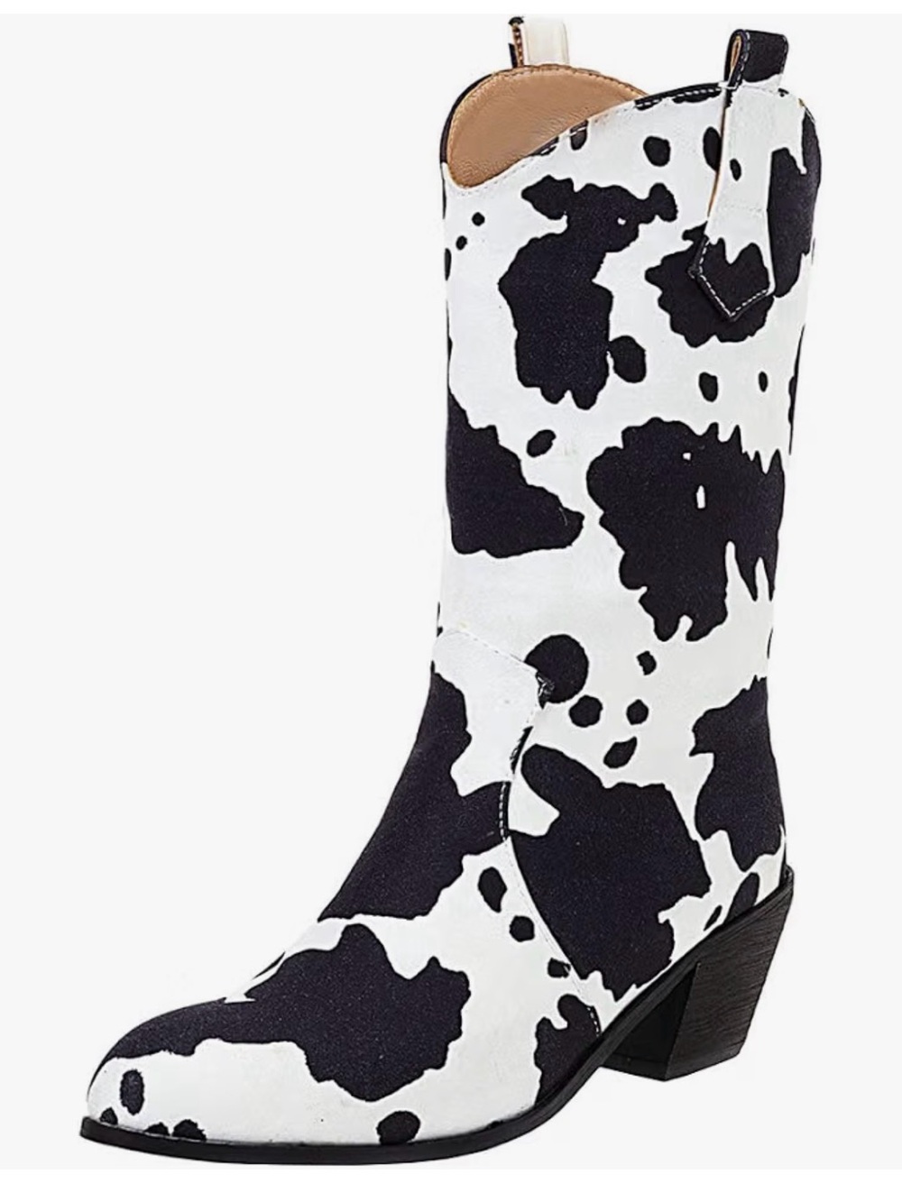 S MEEFIT Cow-Print Western Mid-Calf Chunky Heel Cowgirl Boots Block Heel NWT